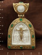 Образок из лимонного золота 585 пробы с эмалью, хризопразом и бивнем мамонта