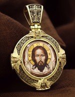 Образок из лимонного золота 585 пробы с эмалью и иконописью