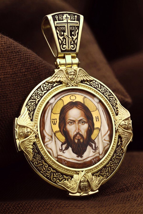Образок из лимонного золота 585 пробы с эмалью и иконописью