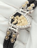 Браслет кожаный с серебром 925 пробы, золотом и ониксом