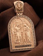 Образок из золота 585 пробы с эмалью и бивнем мамонта