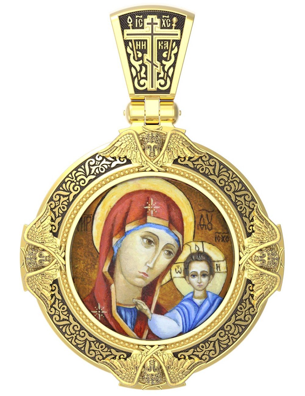 Образок из лимонного золота 585 пробы с эмалью и иконописью