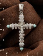 Крест из белого золота 585 пробы с бирюзой и кахолонгом
