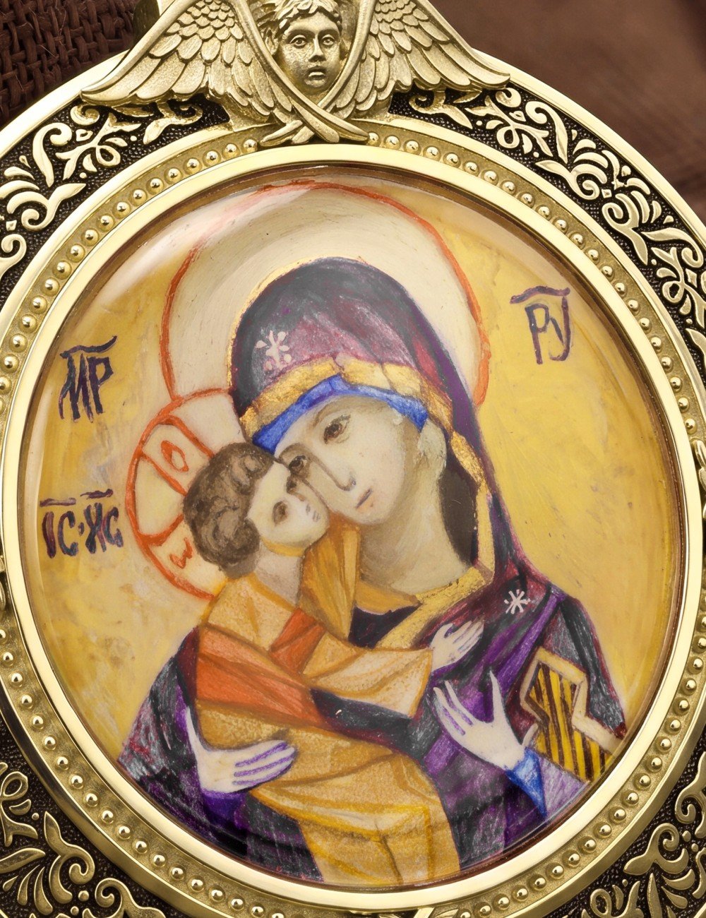 Образок из лимонного золота 585 пробы с эмалью и иконописью