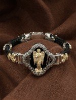 Браслет кожаный с серебром 925 пробы, золотом и ониксом
