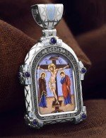Образок из белого золота 585 пробы с эмалью и иконописью