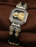 Браслет кожаный с серебром 925 пробы, золотом и ониксом