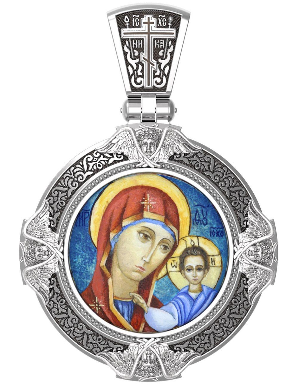 Образок из белого золота 585 пробы с эмалью и иконописью