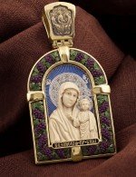 Образок из лимонного золота 585 пробы с эмалью и бивнем мамонта
