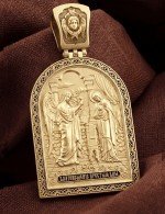 Образок из лимонного золота 585 пробы с эмалью и бивнем мамонта