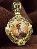 Образок из лимонного золота 585 пробы с эмалью и иконописью
