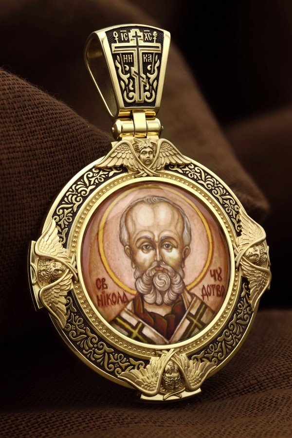 Образок из лимонного золота 585 пробы с эмалью и иконописью