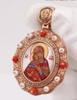 Образок из золота 585 пробы с эмалью, жемчугом, кораллом и перламутром