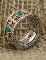 Кольцо из серебра 925 пробы и золота 585 пробы с бриллиантами, хризопразом и рубином