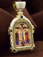 Образок из лимонного золота 585 пробы с эмалью и иконописью