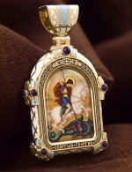 Образок из лимонного золота 585 пробы с эмалью и иконописью