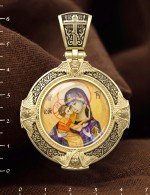 Образок из лимонного золота 585 пробы с эмалью и иконописью