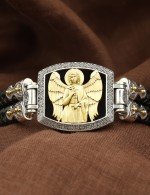 Браслет кожаный с серебром 925 пробы, золотом и ониксом