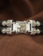 Браслет кожаный с серебром 925 пробы, золотом и ониксом
