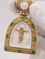 Образок из лимонного золота 585 пробы с эмалью, хризопразом и бивнем мамонта