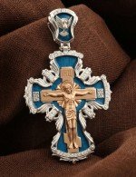 Крест из белого золота 585 пробы с эмалью и бриллиантами