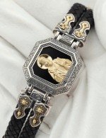Браслет кожаный с серебром 925 пробы, золотом и ониксом
