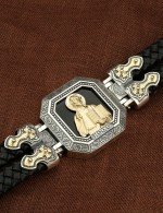 Браслет кожаный с серебром 925 пробы, золотом и ониксом